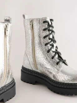 Silver Crackled Standard Fit (F) Leather Chunky Lace-Up Boots