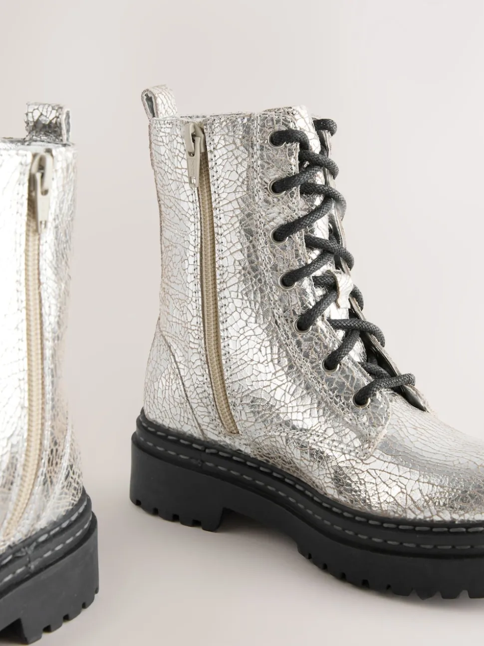 Silver Crackled Standard Fit (F) Leather Chunky Lace-Up Boots