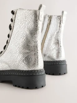 Silver Crackled Standard Fit (F) Leather Chunky Lace-Up Boots
