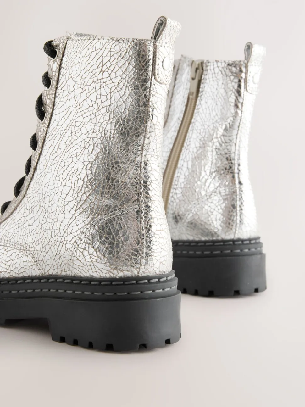 Silver Crackled Standard Fit (F) Leather Chunky Lace-Up Boots