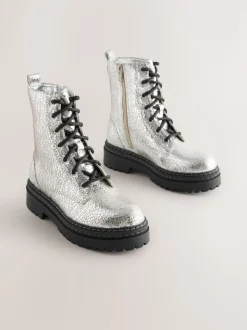 Silver Crackled Standard Fit (F) Leather Chunky Lace-Up Boots