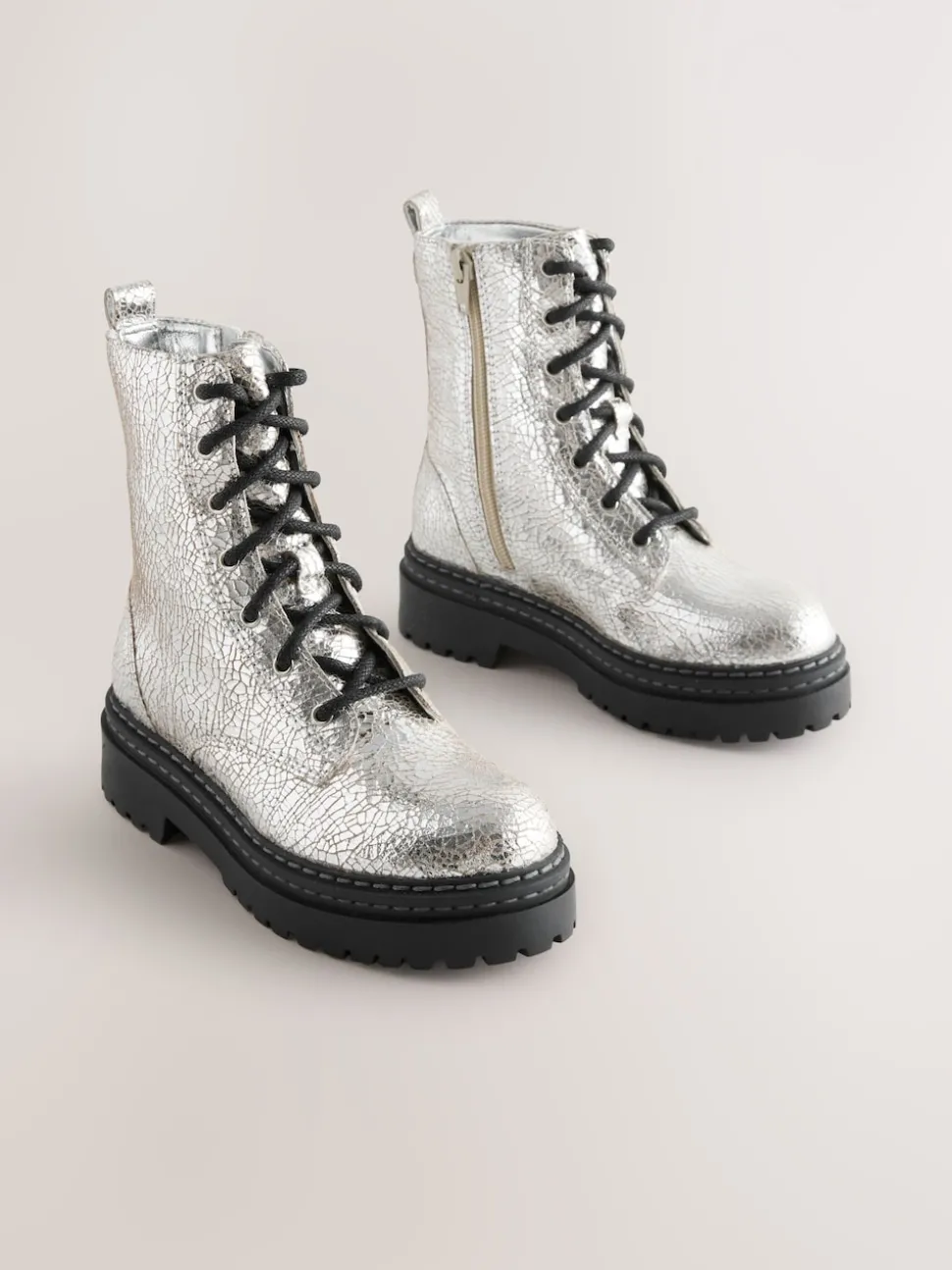 Silver Crackled Standard Fit (F) Leather Chunky Lace-Up Boots