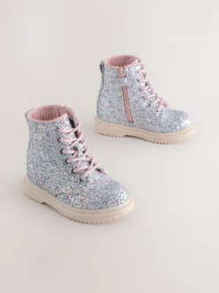 Silver Glitter Standard Fit (F) Lace-Up Ankle Boots