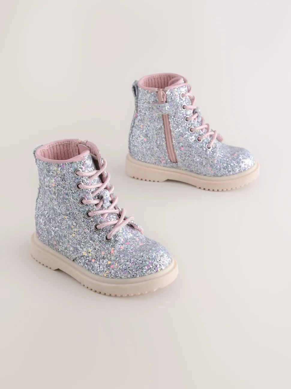 Silver Glitter Standard Fit (F) Lace-Up Ankle Boots