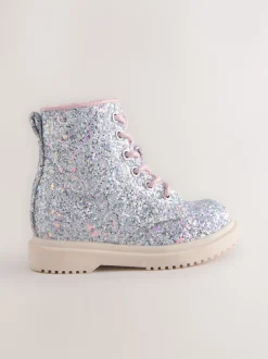 Silver Glitter Standard Fit (F) Lace-Up Ankle Boots