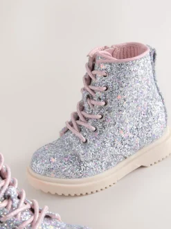 Silver Glitter Standard Fit (F) Lace-Up Ankle Boots