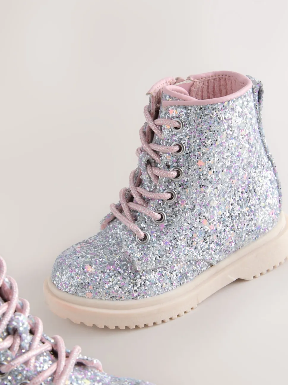 Silver Glitter Standard Fit (F) Lace-Up Ankle Boots