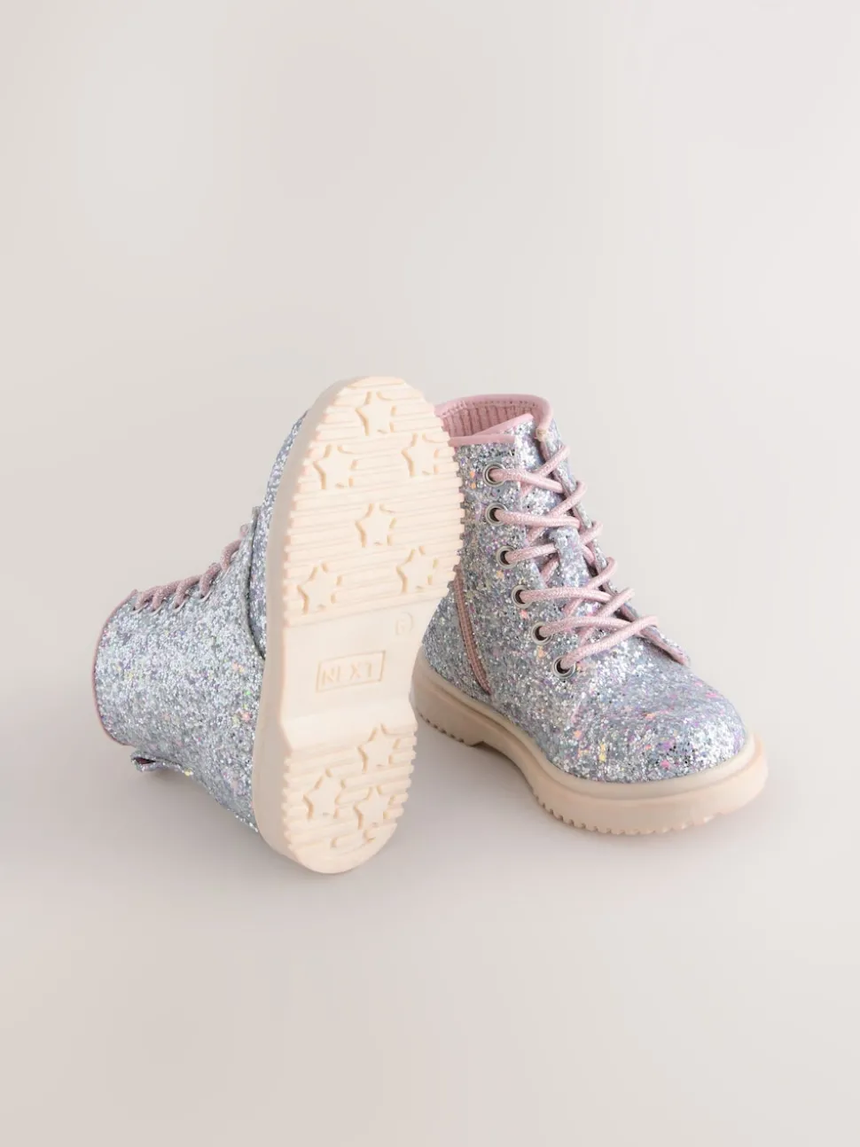Silver Glitter Standard Fit (F) Lace-Up Ankle Boots