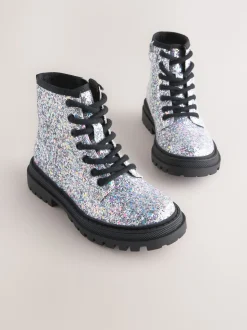 Silver Glitter Standard Fit (F) Warm Lined Lace-Up Ankle Boots