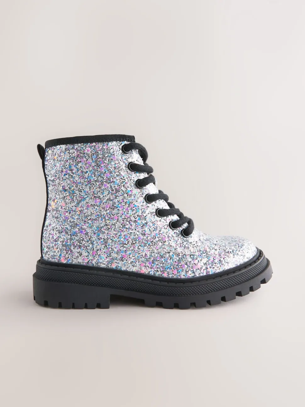 Silver Glitter Standard Fit (F) Warm Lined Lace-Up Ankle Boots