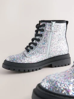 Silver Glitter Standard Fit (F) Warm Lined Lace-Up Ankle Boots