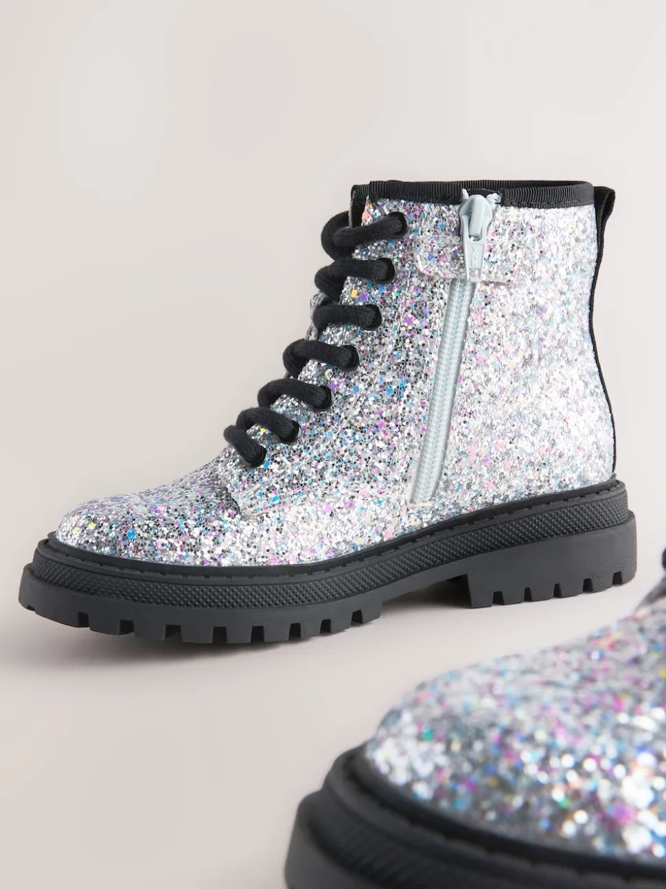 Silver Glitter Standard Fit (F) Warm Lined Lace-Up Ankle Boots