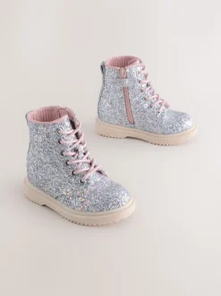 Silver Glitter Wide Fit (G) Lace-Up Ankle Boots