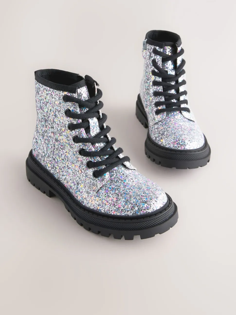 Silver Glitter Wide Fit (G) Warm Lined Lace-Up Ankle Boots