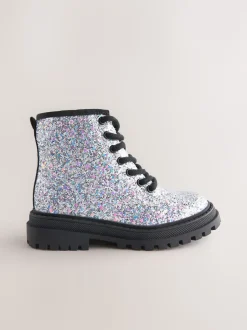 Silver Glitter Wide Fit (G) Warm Lined Lace-Up Ankle Boots