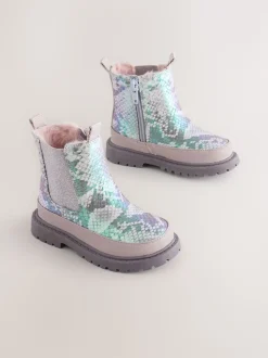 Silver Metallic Snake Chunky Chelsea Ankle Boots