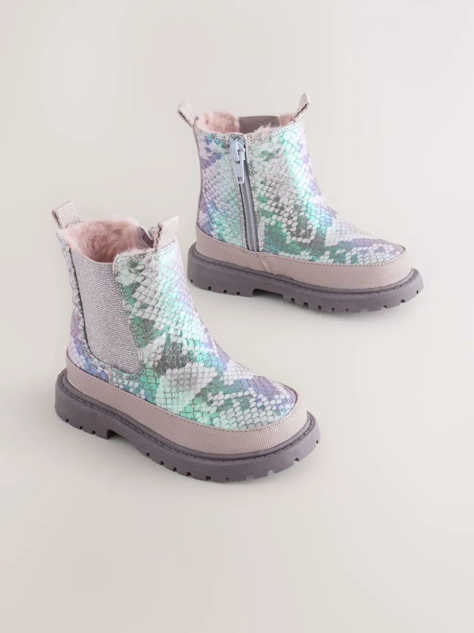 Silver Metallic Snake Chunky Chelsea Ankle Boots