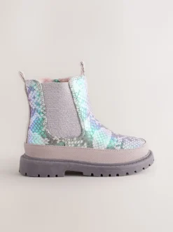 Silver Metallic Snake Chunky Chelsea Ankle Boots
