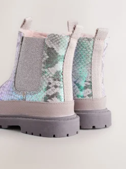 Silver Metallic Snake Chunky Chelsea Ankle Boots