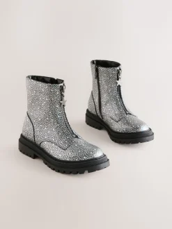 Silver Metallic Stars Standard Fit (F) Zip Front Ankle Boots