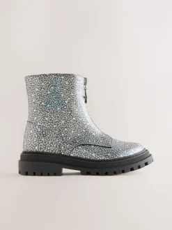 Silver Metallic Stars Standard Fit (F) Zip Front Ankle Boots