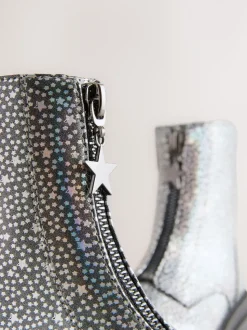 Silver Metallic Stars Standard Fit (F) Zip Front Ankle Boots