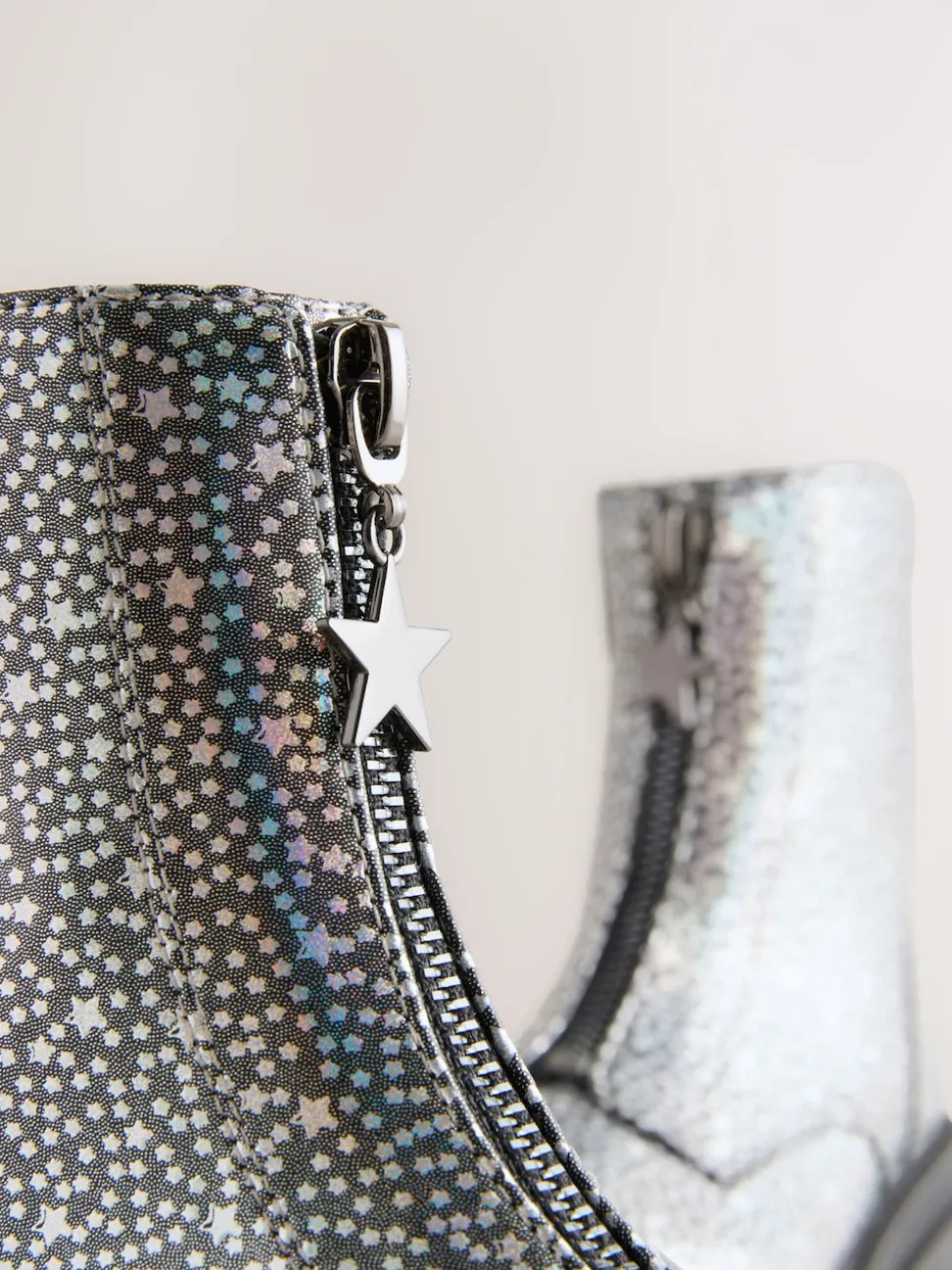 Silver Metallic Stars Standard Fit (F) Zip Front Ankle Boots