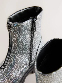 Silver Metallic Stars Standard Fit (F) Zip Front Ankle Boots