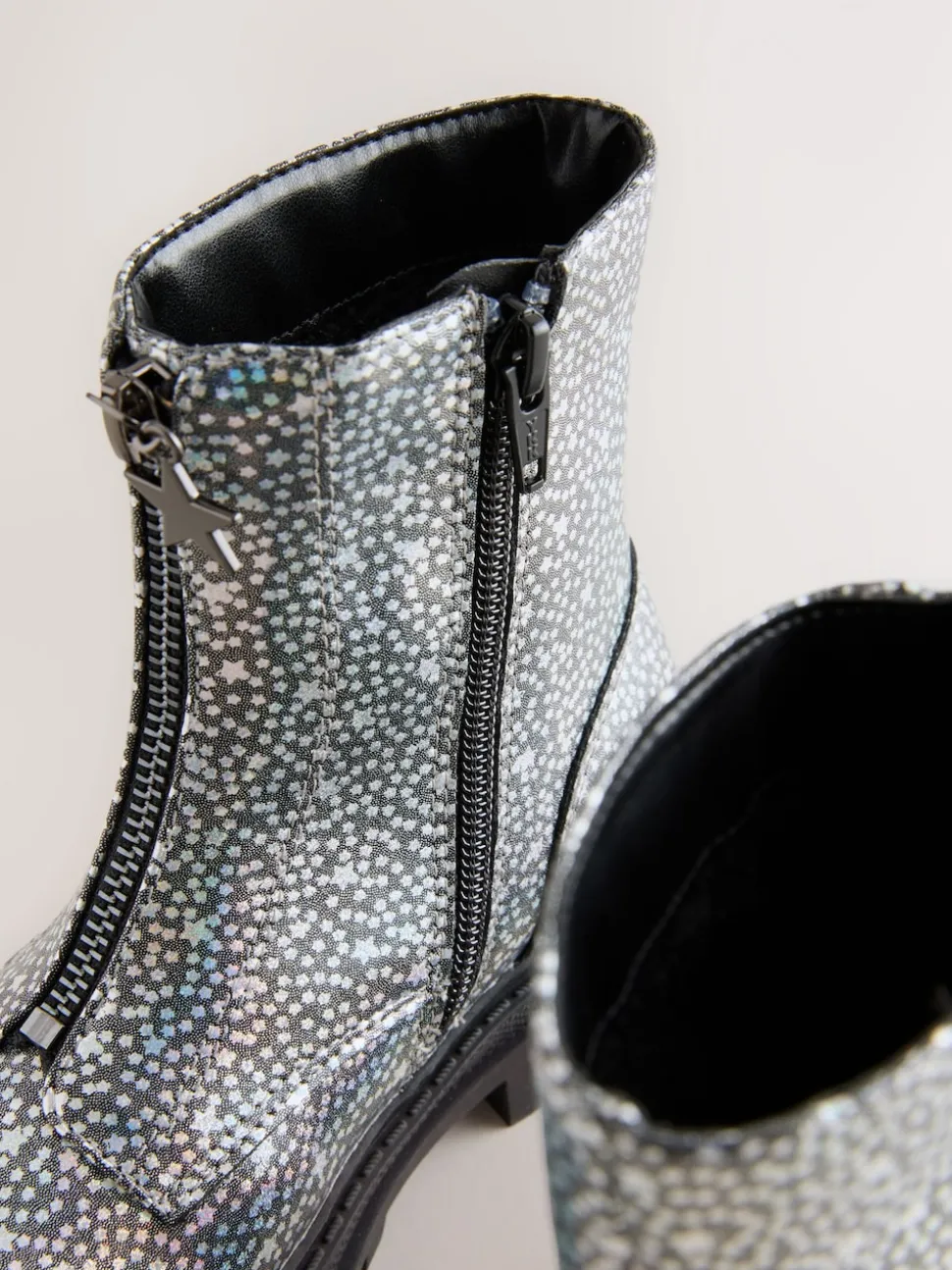 Silver Metallic Stars Standard Fit (F) Zip Front Ankle Boots
