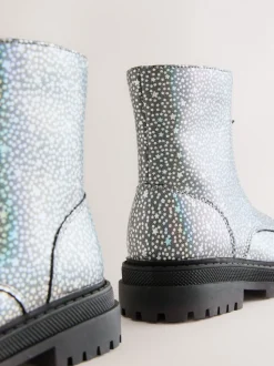 Silver Metallic Stars Standard Fit (F) Zip Front Ankle Boots