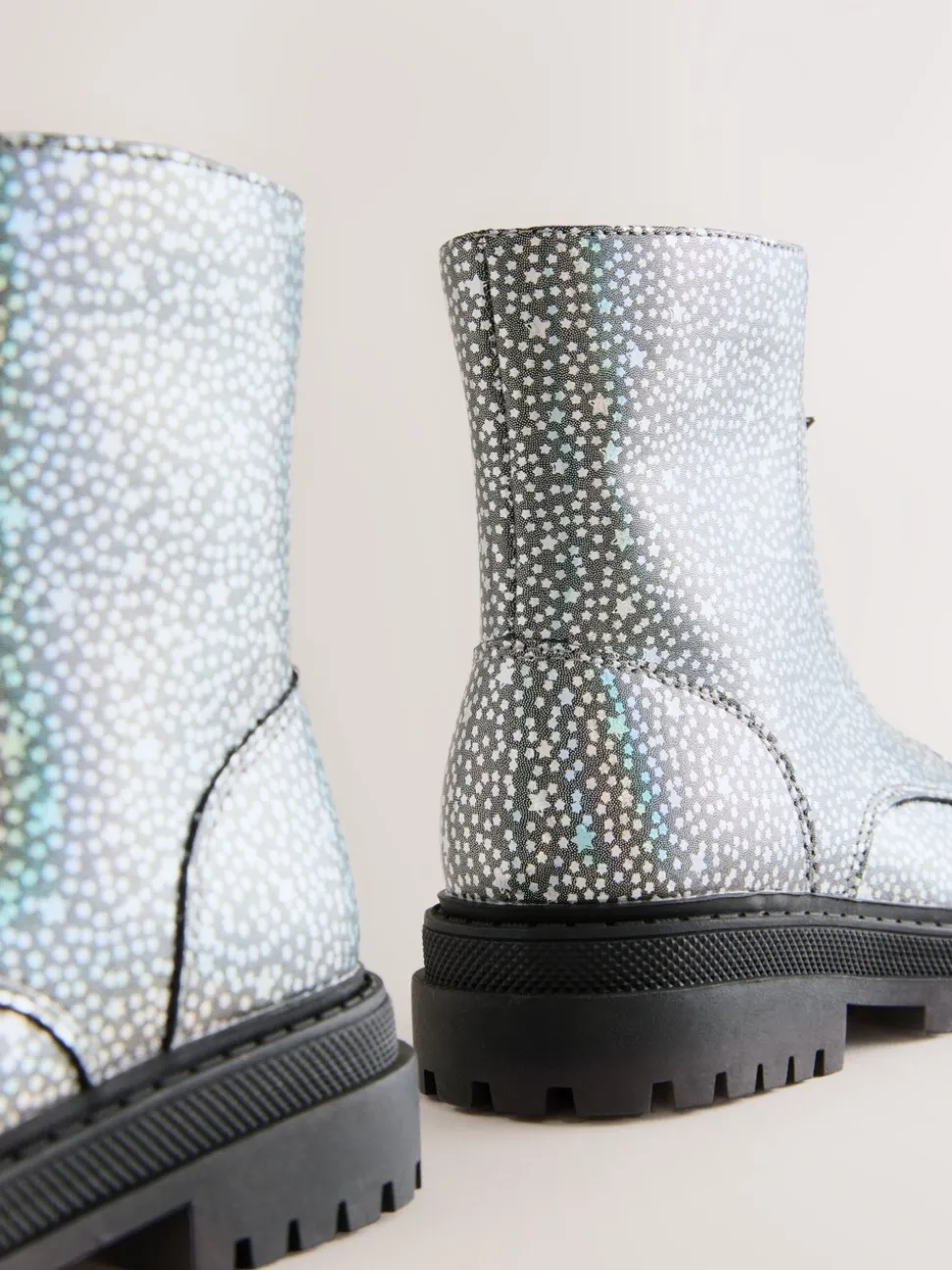 Silver Metallic Stars Standard Fit (F) Zip Front Ankle Boots