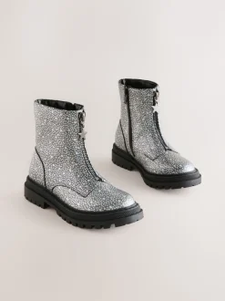 Silver Metallic Stars Wide Fit (G) Zip Front Ankle Boots