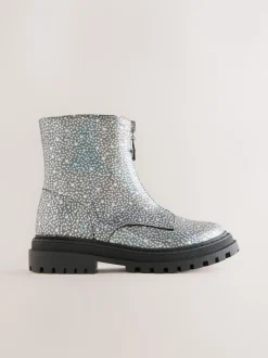 Silver Metallic Stars Wide Fit (G) Zip Front Ankle Boots