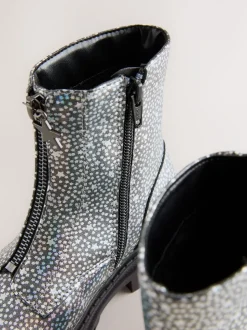 Silver Metallic Stars Wide Fit (G) Zip Front Ankle Boots