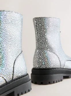 Silver Metallic Stars Wide Fit (G) Zip Front Ankle Boots