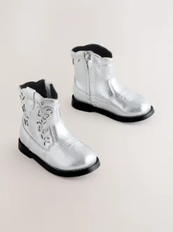Silver Metallic Western Cowboy Ankle Boots