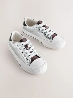 Silver Snake Print Lace-Up Low Top Trainers