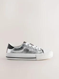 Silver Snake Print Lace-Up Low Top Trainers