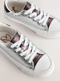 Silver Snake Print Lace-Up Low Top Trainers