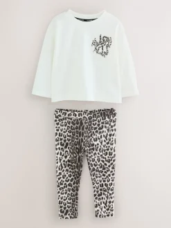 smALLSAINTS Grey Leopard Orlando Long Sleeve T-Shirt and Leggings Younger Girls Set