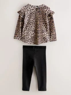 smALLSAINTS Leopard Frill Long Sleeve T-Shirt and Legging Younger Girls Set