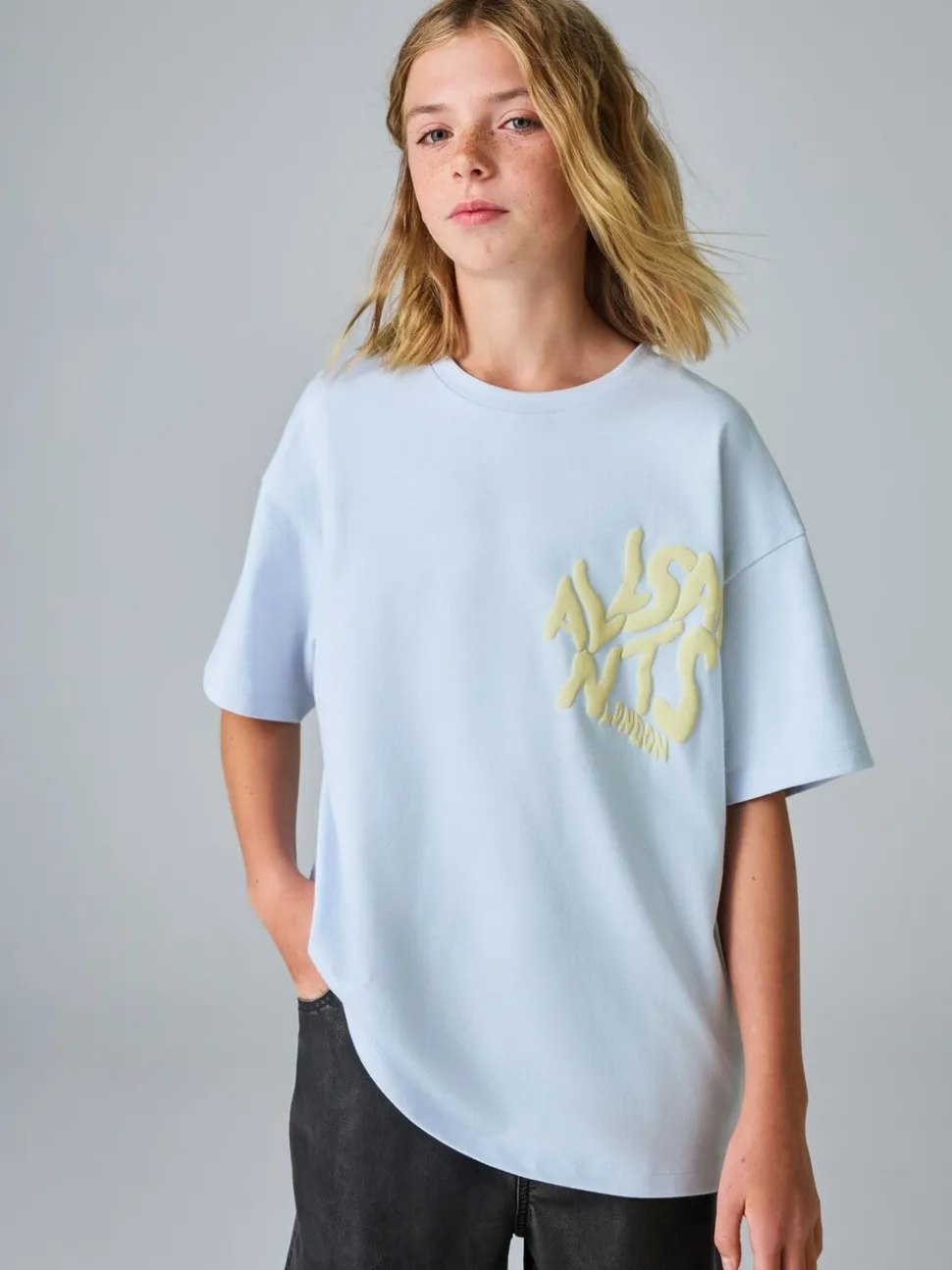 smALLSAINTS Light Blue Girls Oversized Orlando Logo Crew 100% Cotton T-Shirt