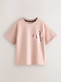 smALLSAINTS Mid Pink/Metallic Girls Oversized Orlando Logo Crew 100% Cotton T-Shirt