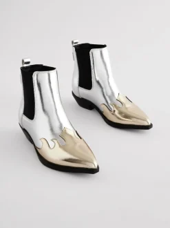 smALLSAINTS Silver Dellaware Pointed Leather Western Boots