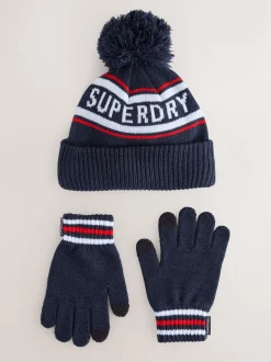 Superdry Blue Pom Hat and Gloves Set