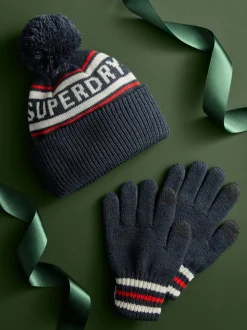 Superdry Blue Pom Hat and Gloves Set