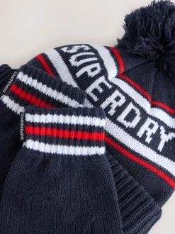 Superdry Blue Pom Hat and Gloves Set