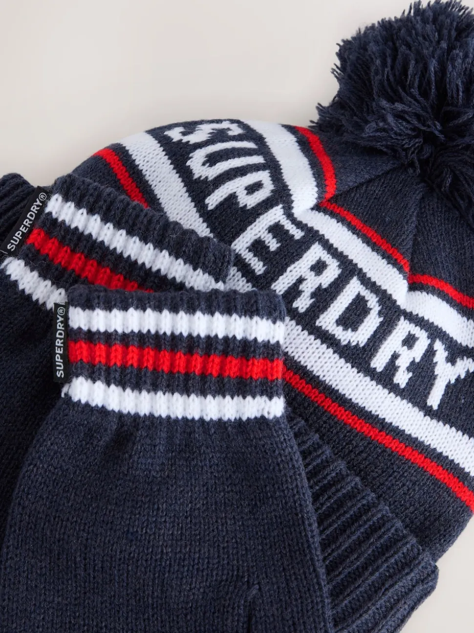 Superdry Blue Pom Hat and Gloves Set