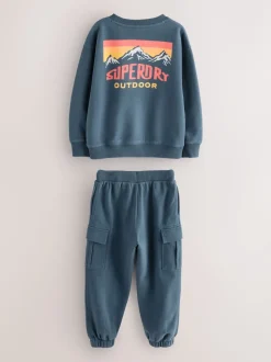 Superdry Blue Red Sweat Top & Shorts Set