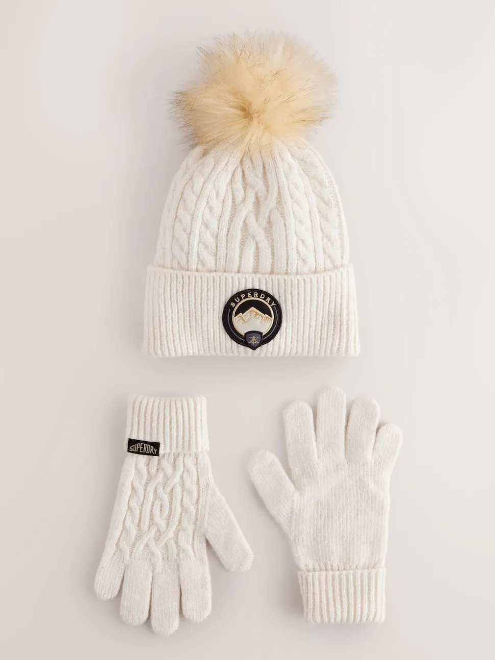 Superdry Cream Pom Hat and Gloves Set
